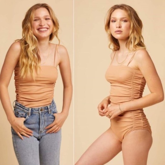 Free People Tops - FREE PEOPLE INTIMATELY RUCHED SIDE RIBBED BODT SUIT WOMENS SIZE XS NUDE TAN